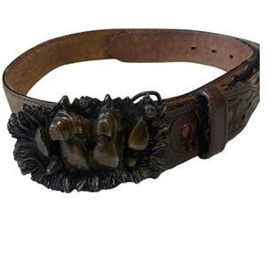 VTG 1981 Bergamont Brass Works 3-D Boots Buckle & Lyntone Tooled Leather Belt